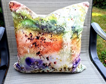 Designer colors - modern cushion - Abstract Fine Art Pillow Cover, original watercolor art, Velveteen fabric,measures 18 x 18 ", BC Canada