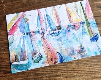 Watercolour art post cards, Regatta, colorful boats, sailing race set of 2, colorful art card from prints of original watercolor art 4 x 6"