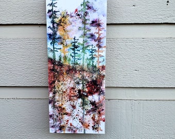 Nature Art Block, Misty Forest Morning, print of original watercolour art mounted on wood, pine and fir trees, nature lover gift 4 x 10 "