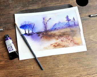 Loose Watercolour Landscape Painting, semi-abstract art, Optional Matte "Purple Daze" colours of purple, violets, browns, loose painting