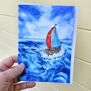 Sailing Stormy Day, carte à encadrer, voilier coloré, art du paysage marin à partir de l'aquarelle originale « Better Weather Ahead » Red Sail, fête des pères
