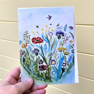 Carte de voeux aquarelle jardin de fleurs sauvages, aquarelle originale, oeuvre d'art en vrac semi-abstraite, pour jardiniers, enveloppe blanche 5 x 7"
