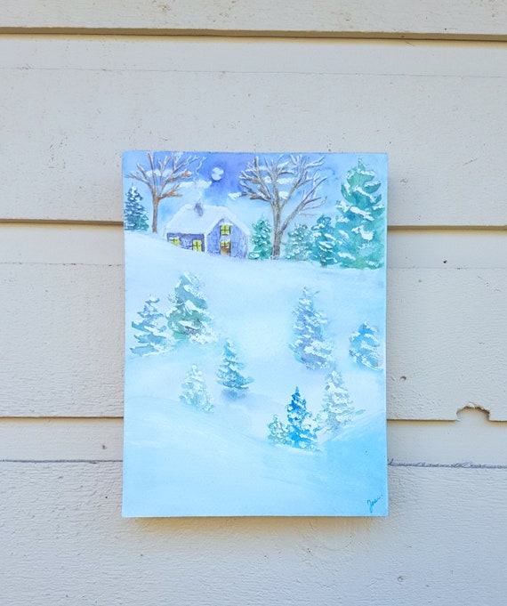 Snowy Cabin In The Woods Watercolor Painting Art Block Wall Etsy