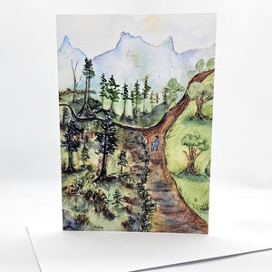 The Road Not Taken, carte de voeux avec poème de Robert Frost au dos, impression d'art, art original esprit d'aventure, 5 x 7 pouces, encadrement