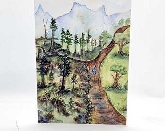 The Road Not Taken, greeting card with poem by Robert Frost on the back, Fine art print, wanderlust original art,  5 x 7 inches, frameable