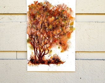 Autumnal Tree with beautiful stainglass look leaves,original watercolour art with fall colours in rusts, reds, greens and oranges, 6 x 9 "