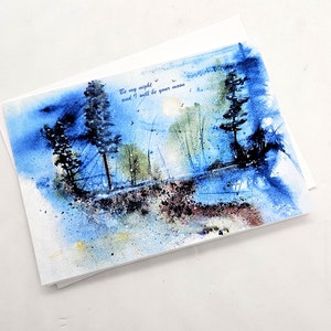 Carte de voeux au clair de lune dans la forêt, avec ou sans citation, Soyez ma nuit et je serai votre lune, aquarelle originale, 5 x 7 pouces encadré