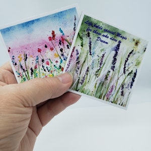 Fine Art fridge magnets, choose from 2 designs, 3 x 3, photographic prints of watercolor fine art, Wildflowers or Lavender with quote one of each magnet