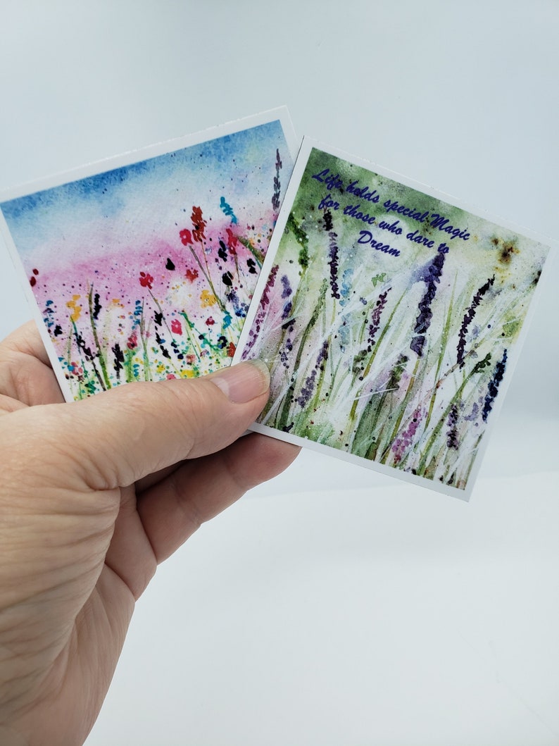 Fine Art fridge magnets, choose from 2 designs, 3 x 3, photographic prints of watercolor fine art, Wildflowers or Lavender with quote one of each magnet