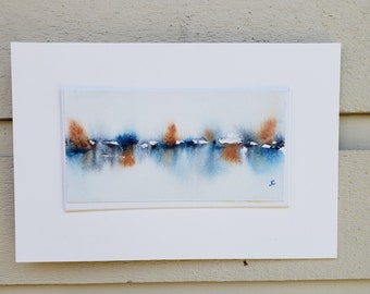 Abstract seascape watercolour, original art with optional matte, deep oranges, beautiful blues and whites, 3 x 6 inches