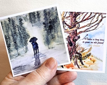 Fine Art fridge magnets, choose from 2 designs, 3 x 3",  photographic prints of watercolor fine art, Love in the Rain or Old Friends