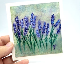 Lavender flower Garden 4 inch mini art watercolor painting, (ART or MATTED) purples, lavender, greens and blues
