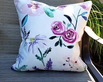 Spring Magenta floral Fine Art Pillow Cover, watercolor art, Velveteen fabric,measures 18 x 18 ", Westcoast BC Canada, Ready to ship