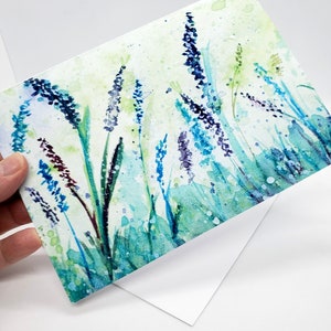 Lavender floral watercolor art, all occasion greeting card, original watercolour painting,teal & lime green, blues 5 x 7 white envelope image 1