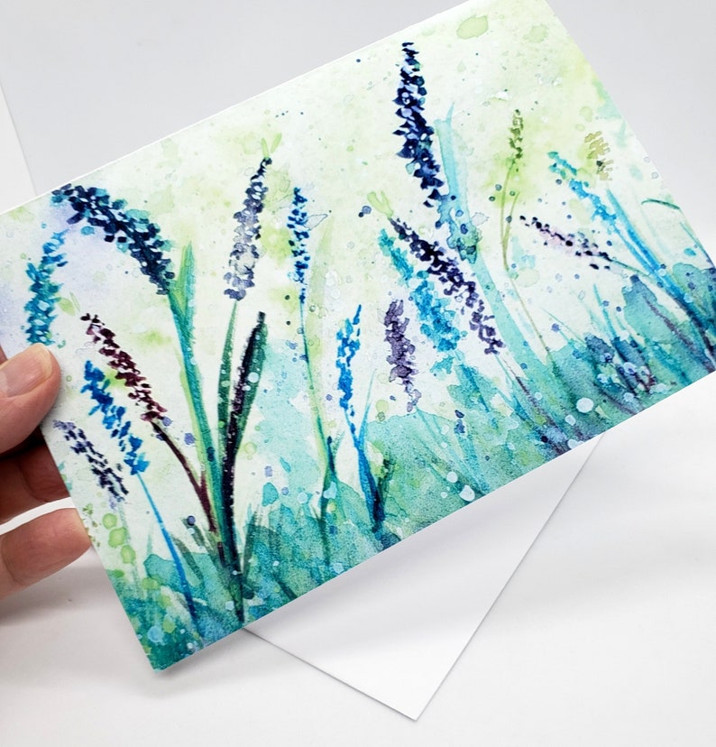 Lavender floral watercolor art, all occasion greeting card, original watercolour painting,teal & lime green, blues 5 x 7 white envelope image 1
