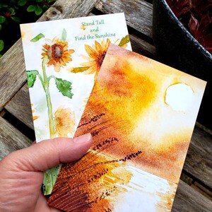 Cartes postales d'art aquarelle coucher de soleil ou tournesol, 2 modèles à partir d'impressions d'art aquarelle originale, artiste unique coloré conçu, 4 x 6 po