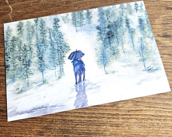 Romantic watercolour art post card, Love in the Rain with a couple under an umbrella in a forest, print from original watercolor art,4 x 6"