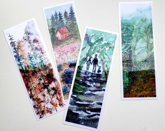 Watercolor art bookmarks set of 2 or 4, laminated prints of original watercolour art, choose from forest walk, pinetrees,cabin, garden gate