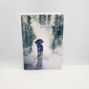 Promenade romantique sous la pluie, forêt brumeuse, jour de pluie dans le parc, à partir de l'aquarelle originale « L'amour sous la pluie » Saint-Valentin, mariage 5 x 7 pouces