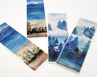 Watercolor art bookmarks set of 2 or 4, laminated prints of original watercolour art, choose from seascape or pinetrees, book lover gift