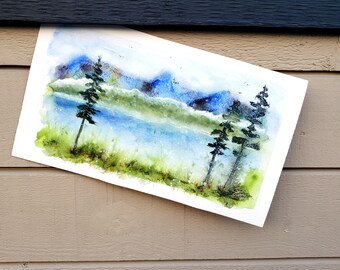 Dreamy Misty Morning, mountains, ocean and evergreens on a foggy morning, watercolour original, etherial loose painting 7 x 12 inches