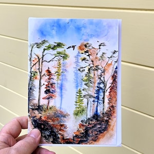 Retour à la maison, impression aquarelle d'art, pygargue à tête blanche au-dessus d'une forêt sombre, amateurs de voyage, 5 x 7 pouces, carte d'art semi-abstraite, encadrement