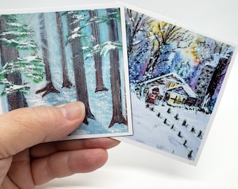 Fine Art fridge magnets, choice of 2 designs, 3x3 , Deer or Christmas country cottage, prints of original watercolor art, westcoast bc art