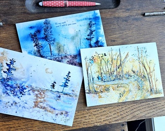 Greeting cards, set of 3 mystical forest Moon cards, colours of blues and greens, each 5 x 7 from original art by Jen Curtis, romantic gift