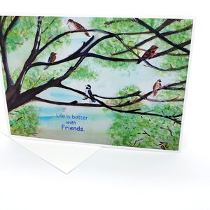 Carte de voeux d'amis, oeuvre d'art aquarelle originale, oeuvres d'art « Oiseaux du jardin », 5 x 7 po. - avec citation - La vie est meilleure avec des amis, simple à l'intérieur