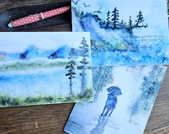 Greeting cards, set of 3 Misty rainy seascape cards, colours of blues and greens, each 5 x 7 from original art by Jen Curtis, romantic gift