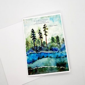 Carte d'art aquarelle épicéa de Sitka, avec ou sans citation d'Emerson, aquarelle originale, rivière abstraite, 5 x 7 po. avec enveloppe