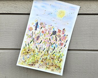 Spring Flower painting, wildflower garden with butterflies, birds flocking and a bright sun shining, Easter, Mothers day gift, uplifting art