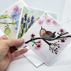 Ensemble floral de 3 cartes d'art pour la fête des mères, hortensias aquarelles, lavande, troglodyte mignon, 5 x 5 cartes de voeux à encadrer, impressions originales d'art