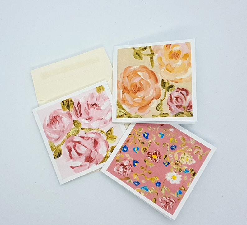 Floral art gift cards, set of 3 from original acrylic paintings, pinks, peach and blue roses, tiny flowers, gardener gift, 3 x 3 inch image 5