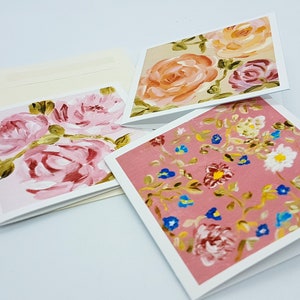 Floral art gift cards, set of 3 from original acrylic paintings, pinks, peach and blue roses, tiny flowers, gardener gift, 3 x 3 inch image 3