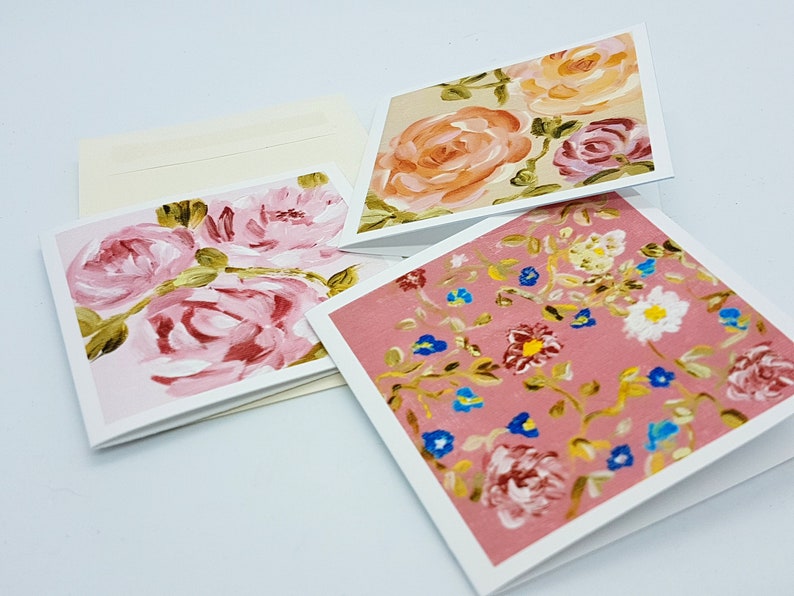 Floral art gift cards, set of 3 from original acrylic paintings, pinks, peach and blue roses, tiny flowers, gardener gift, 3 x 3 inch image 3