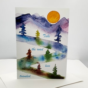 Carte de voeux aquarelle nature, avec citation « Prenez la route la moins fréquentée » par Robert Frost, à partir d'une aquarelle originale, 5 x 7 pouces