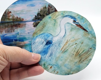 Fine Art fridge magnets, choose from 2 designs, 4 inch round, photographic prints of watercolor art, Great Blue Heron or Deep Waters art