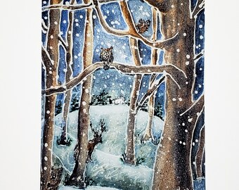 Enchanted Forest wall print with trees, snow, deer, bear, owl, squirrel and rabbit, fine art print from original watercolour Art, 5 x 8.25 "