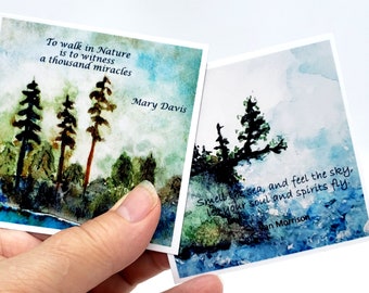 Fine Art fridge magnets, choose from 2 designs, 3 x 3",  photographic prints of watercolor fine art, Seascape or forest with Pinetrees