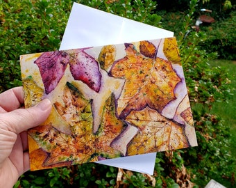 Fall Leaves, forest floor Fine Art greeting card from a watercolour original, Colorful autumn, frameable fall or thanksgiving card,  5 x 7"