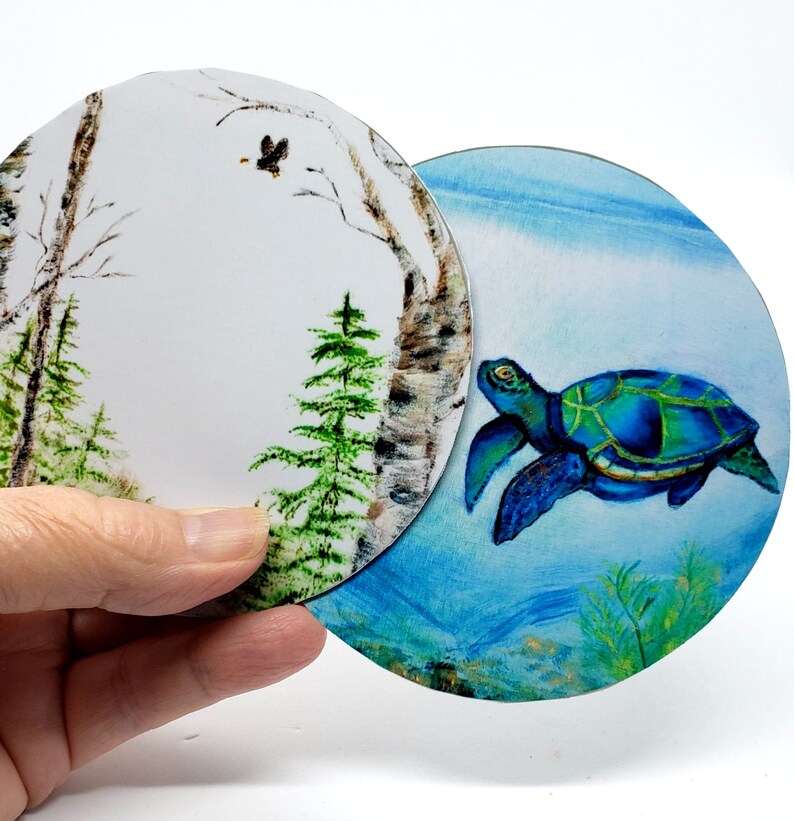 Sea Turtle or Eagle with Birch and pinetrees, Fine Art fridge magnets, choose from 2 designs, 4 inch round, photographic prints of originals one of each magnet