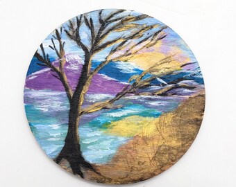 Mountains and oak tree sunrise Miniart painting, acrylic on wood round, ocean, sun, mountains and grasses, golden touches, 4 inch round