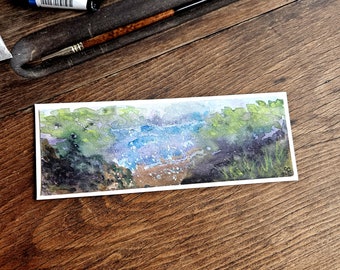 Abstract watercolour landscape bookmark, trees, water, mini art gift idea for book lovers, original art in smaller size