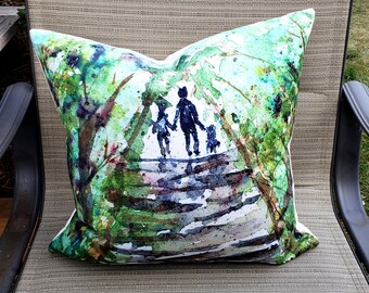 Forest Walk Pillow Cover, velveteen cushion cover, family walk in the woods, lovely shades of green, from original art by Jen Curtis, 18x18"