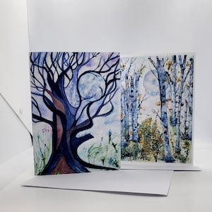 Cartes de voeux aquarelle sur le thème de la pleine lune, lot de 2 impressions à partir de peintures originales, lune et étoiles, lune et bouleau, mystique
