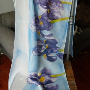 Spring Irises against the Blue Sky Hand-painted Silk Scarf