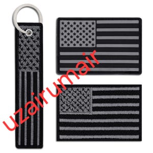 Tactical American Flag Patches Set with Embroidered Keyring (3x2 Inch) Hook and Loop Grey