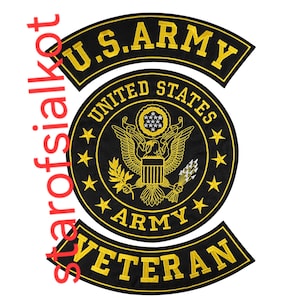 Puede incluir: Parches bordados en negro y dorado con el emblema del Ejército de los Estados Unidos. Los parches incluyen las palabras "U.S. ARMY" y "VETERAN" en letras doradas. El parche central muestra el sello del Ejército de los Estados Unidos.