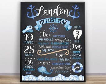 Nautical Birthday Chalkboard - Ocean - Printable Birthday Chalkboard Poster - Custom Sign - First Birthday Board - Anchor - Watercolor